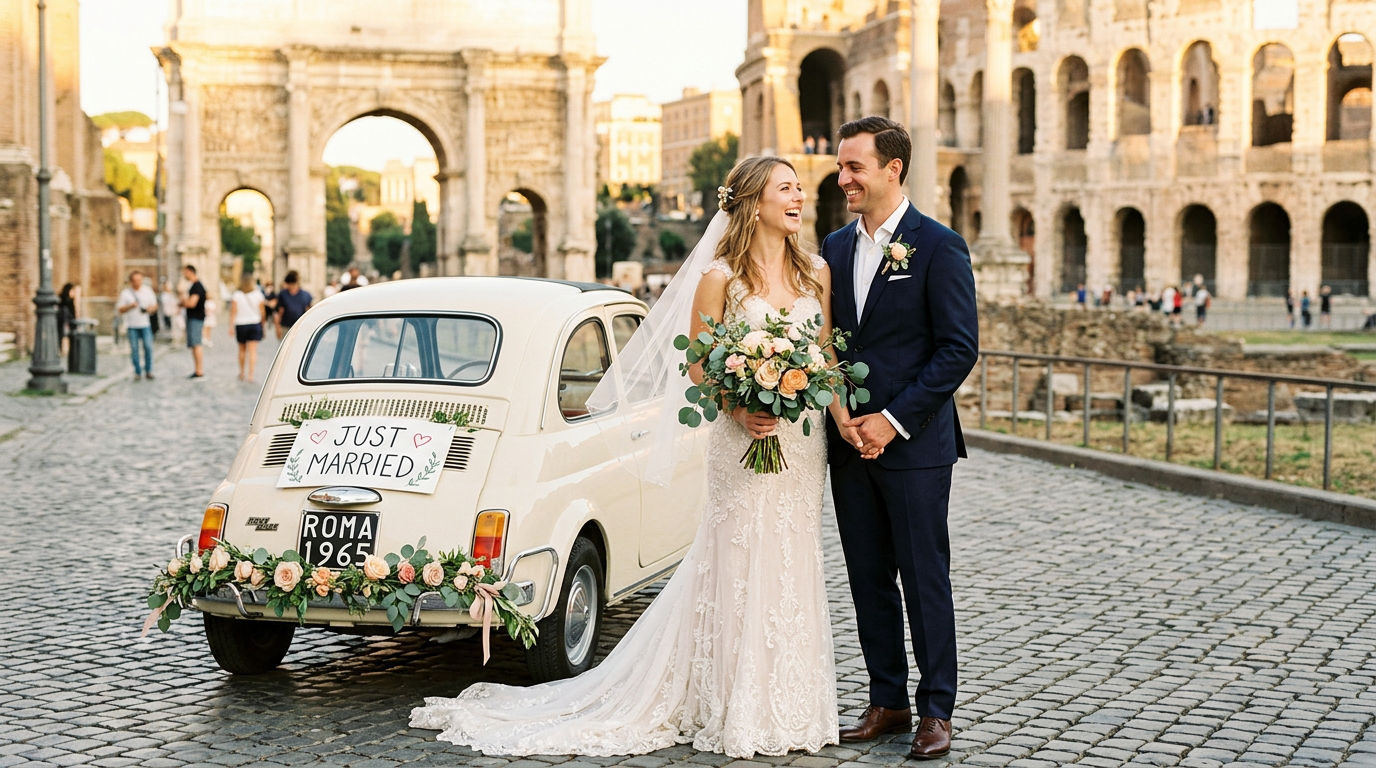 Wedding couple with vintage cream Fiat 500 in Rome