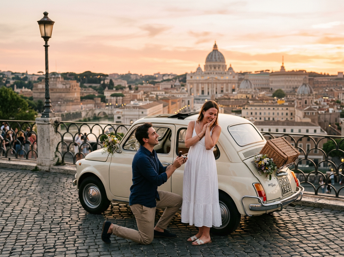 Marriage proposal at sunset in Rome with classic car