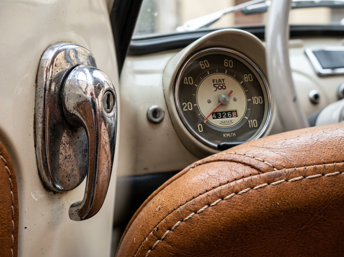 Close-up of vintage Fiat 500 chrome details