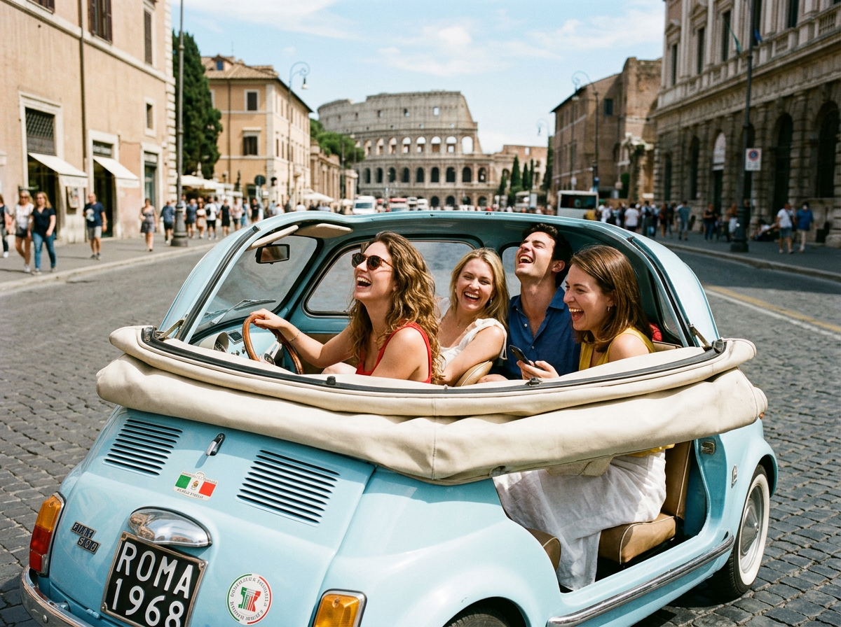 Laughing guests inside vintage Fiat 500