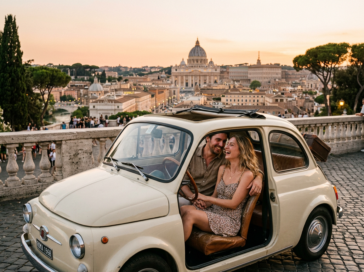 Couple enjoying a view of Rome from a vintage Fiat 500